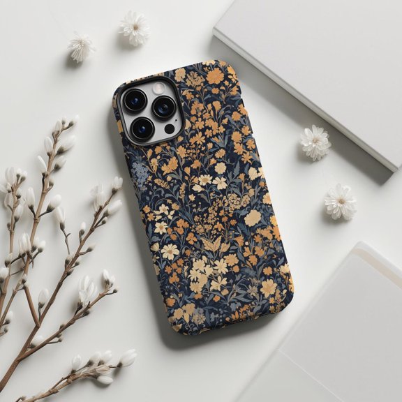 Protective iPhone Case Blue Wildflower Style Floral Art Minimalist Botanical Silhouette Shield IP16 Magnetic MagSafe Compatible