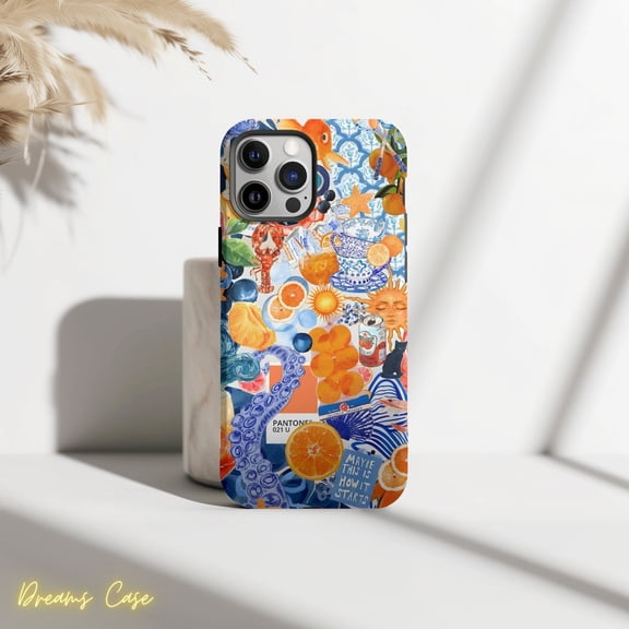 Protective iPhone Case Blue and Orange Summer Themed Phone Case Fun Colorful Design IP13/14 Magnetic MagSafe Compatible