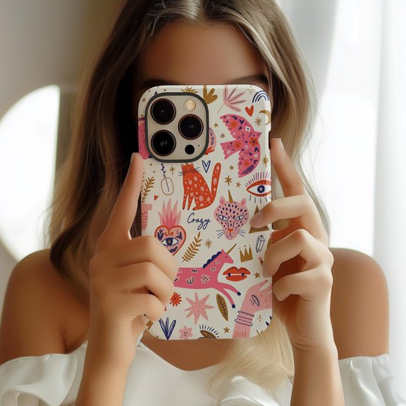Protective iPhone Case Boho Animal Collage Phone Case Abstract Eye Heart Cat Unicorn IP15 Magnetic MagSafe Compatible