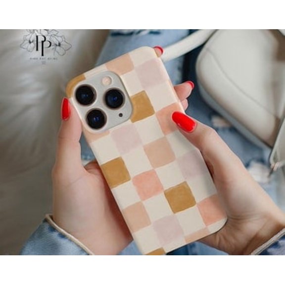 Protective iPhone Case Boho Checkered Phone Case Modern Aesthetic Checkerboard Cover IP15 Magnetic MagSafe Compatible