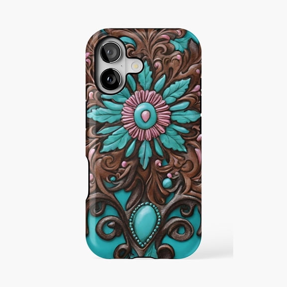 Protective iPhone Case Boho Cowboy Western Brown Turquoise Phone Case IP13/14 Magnetic MagSafe Compatible