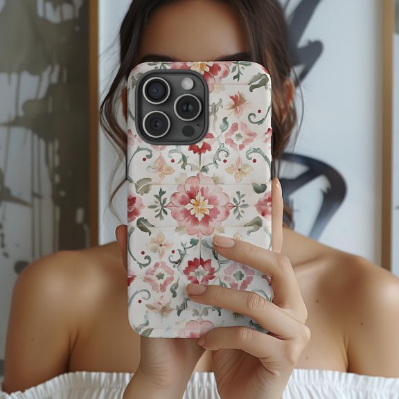 Protective iPhone Case Boho Floral Mosaic Phone Case Cute Summer Tile Pink Green Pattern IP15 Pro Magnetic MagSafe Compatible