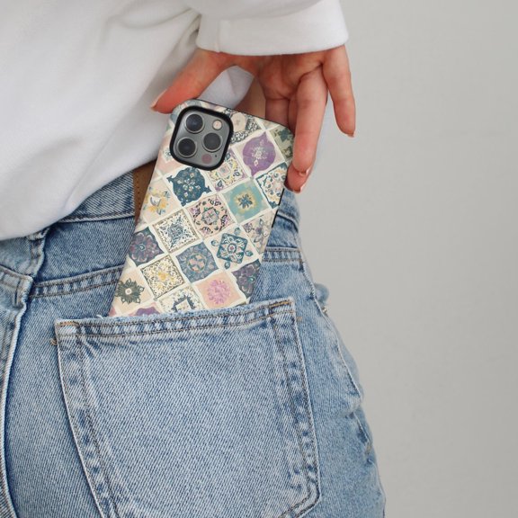 Protective iPhone Case Boho Mosaic Phone Case Patchwork Pastel Cute Tile Pattern IP15 Pro Magnetic MagSafe Compatible
