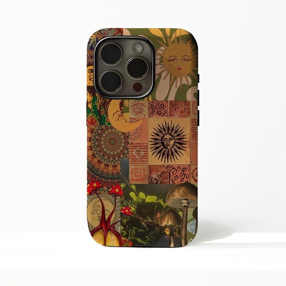 Protective iPhone Case Boho Sun & Moon Protective Cell Phone Case Hippie Art Design Cover IP16 Magnetic MagSafe Compatible