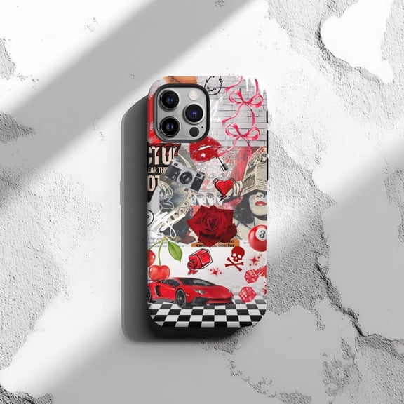 Protective iPhone Case Bold Edgy Red Collage Cell Phone Case Cherry Saesthetic Cover IP15 Magnetic MagSafe Compatible