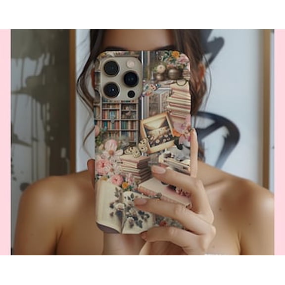Protective iPhone Case Book Collage Phone Case Light Academia Library Aesthetic Cover IP13/14 Magnetic MagSafe Compatible