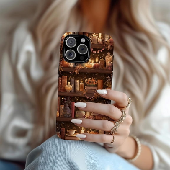 Protective iPhone Case Bookshelf Cozy Candle Light Art Library Hard Case Guard IP13/14 Magnetic MagSafe Compatible