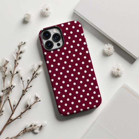 Protective iPhone Case Burgundy Polka Dot Phone Case Coquette Style IP13/14 Magnetic MagSafe Compatible