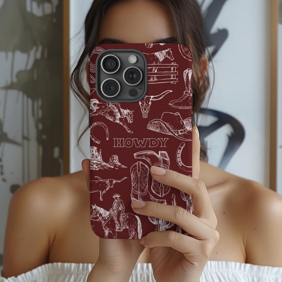 Protective iPhone Case Burgundy Western Phone Case Collage Country Cowboy Design IP15 Magnetic MagSafe Compatible