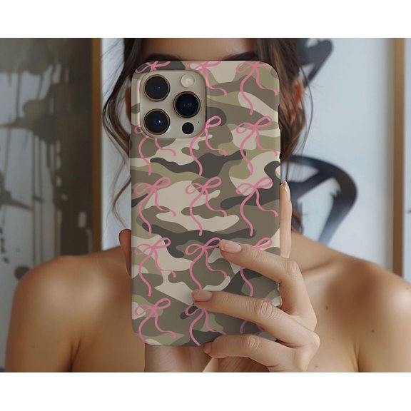 Protective iPhone Case Camo Bow Phone Case Chic Coquette Aesthetic Cover Edition IP16 Magnetic MagSafe Compatible