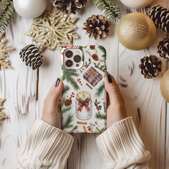 Protective iPhone Case Candle Decor Pine Branches Cozy Hygge Ambient Flame Shield Cover IP13/14 Magnetic MagSafe Compatible