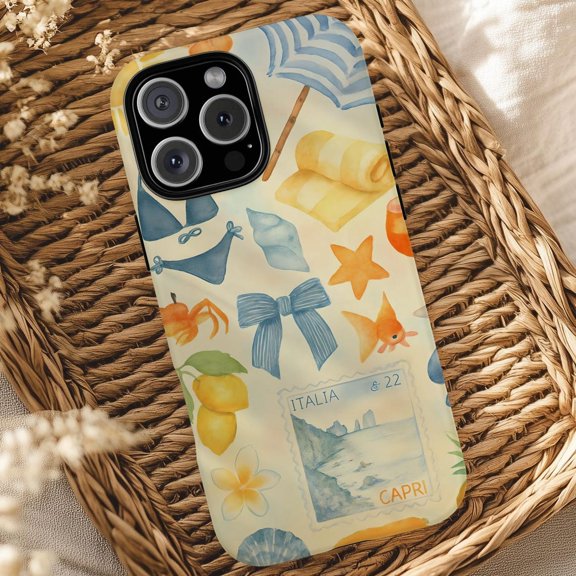 Protective iPhone Case Capri Italy Summer Collage Phone Case Lemon Beachy European Travel IP13/14 Magnetic MagSafe Compatible