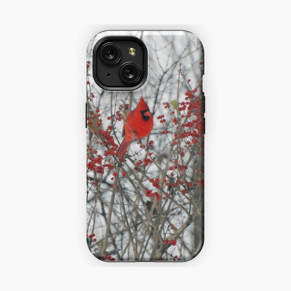 Protective iPhone Case Cardinal Bird Winter Inspired Decorative Phone Case Crimson Songbird Snowy Branch Cover IP13/14 Magnetic MagSafe Compatible