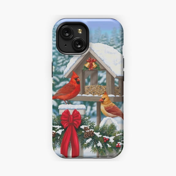 Protective iPhone Case Cardinal Birds and Winter Bird Feeder Festive Phone Case IP13/14 Magnetic MagSafe Compatible