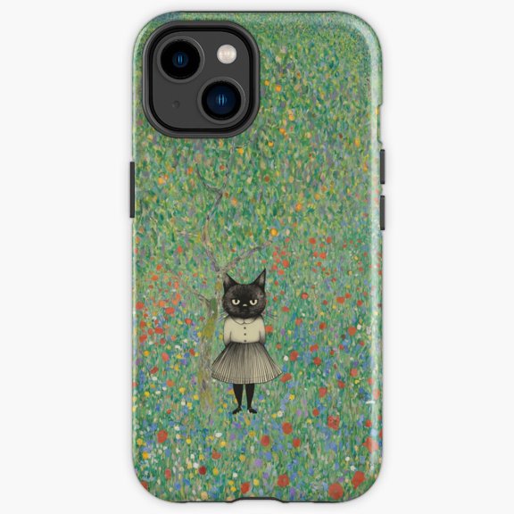 Protective iPhone Case Cat In Klimts Wildflower Garden Golden Foil Impressionist Masterpiece Remix Shield IP15 Magnetic MagSafe Compatible