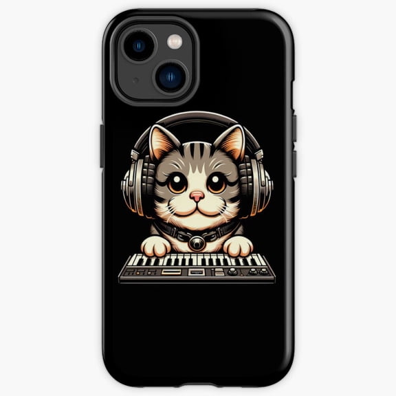 Protective iPhone Case Cat Synthesizer Electronic Music Keyboard Retro Instrument Feline Phone Case IP13/14 Magnetic MagSafe Compatible
