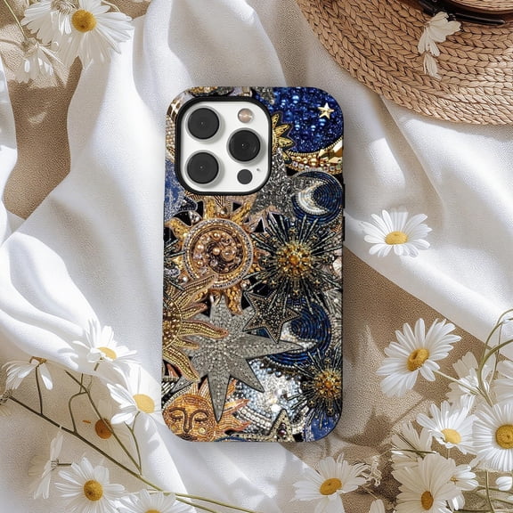Protective iPhone Case Celestial Moon Sun Pixel Case Star Phone Case Retro Cosmic Collage Aesthetic IP15 Magnetic MagSafe Compatible