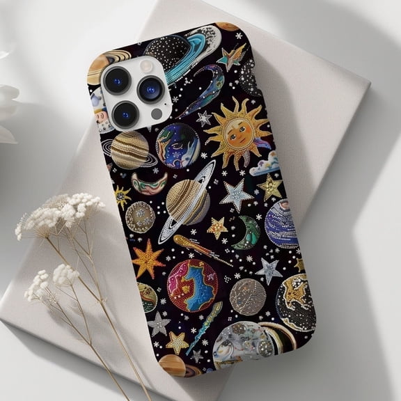 Protective iPhone Case Celestial Mosaic Jewel Collage Phone Case Sun Moon Stars Print Pattern IP16 Magnetic MagSafe Compatible