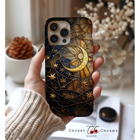 Protective iPhone Case Celestial Stained Glass Moon & Sun Cell Phone Case Starry Phone Cover IP16 Magnetic MagSafe Compatible