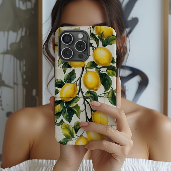 Protective iPhone Case Ceramic Tile Style Lemon Fruit Tree Summer Spain Shield IP13/14 Magnetic MagSafe Compatible
