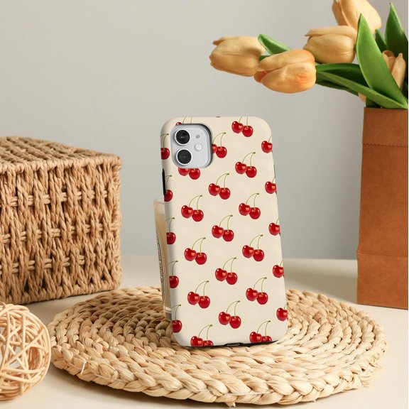 Protective iPhone Case Charming Red Cherry Cute Fruit Design Orchard Berry Pattern Shield IP15 Magnetic MagSafe Compatible