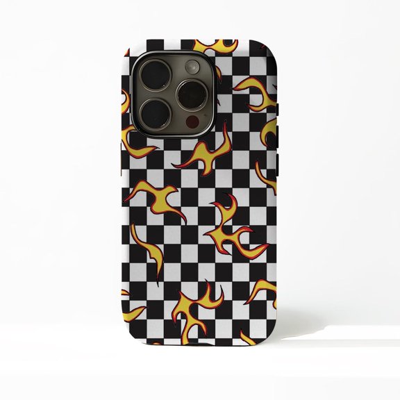 Protective iPhone Case Checkered Protective Cell Phone Case Fire Checker Cover IP15 Magnetic MagSafe Compatible