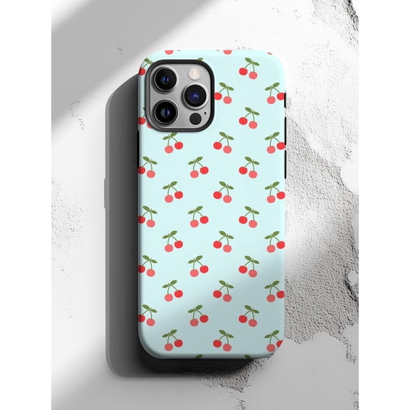 Protective iPhone Case Cherries Phone Case Blue Background Fruit Pattern IP16 Magnetic MagSafe Compatible