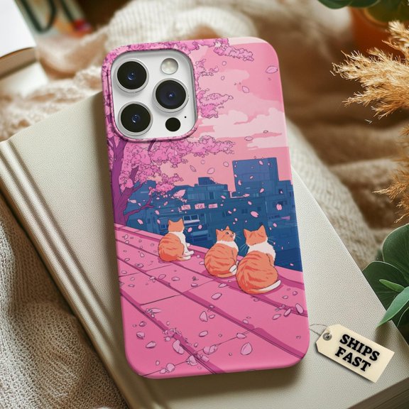 Protective iPhone Case Cherry Blossom Cat Phone Case Cute Japanese Inspired Design IP16 Magnetic MagSafe Compatible