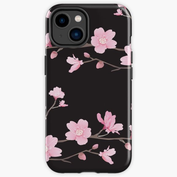 Protective iPhone Case Cherry Blossom Flower Plant Black Contrast Sakura Branch Heavy Duty Shockproof Hard Shell IP15 Magnetic MagSafe Compatible