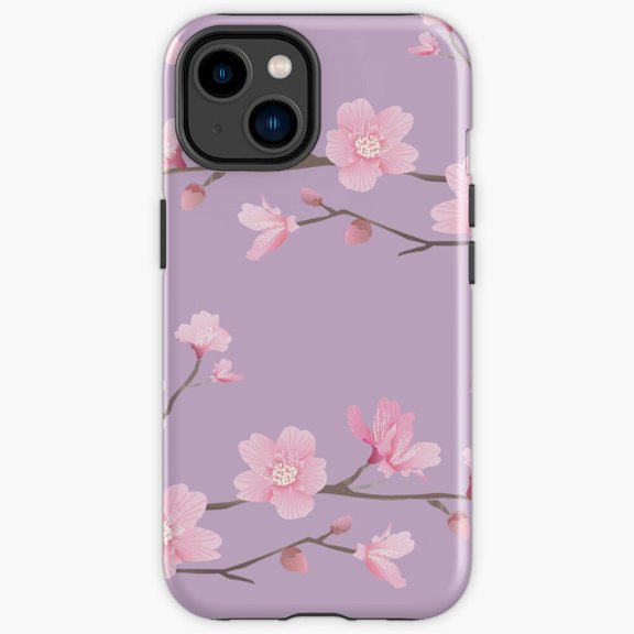 Protective iPhone Case Cherry Blossom Flower Plant Pastel Purple Sakura Branch Heavy Duty Shockproof Hard Shell IP15 Magnetic MagSafe Compatible