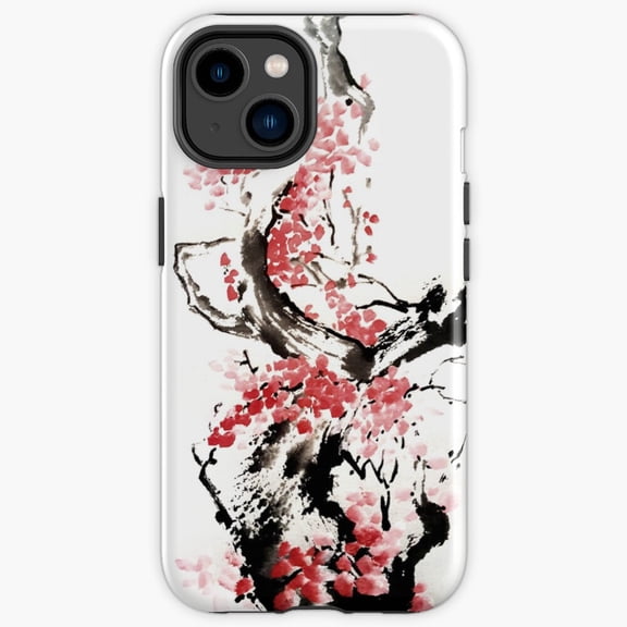 Protective iPhone Case Cherry Blossom Japanese Ink Traditional Sakura Brush Heavy Duty Shockproof Hard Shell IP13/14 Magnetic MagSafe Compatible