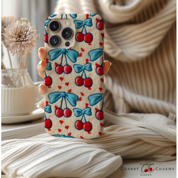 Protective iPhone Case Cherry Bow Cell Phone Case Faux Look Fruit Aesthetic Cover IP16 Magnetic MagSafe Compatible