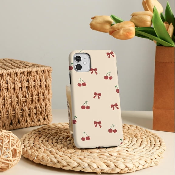 Protective iPhone Case Cherry Bow Cute Girly Aesthetic Coquette Red Fruit Ribbon Shield IP16 Magnetic MagSafe Compatible