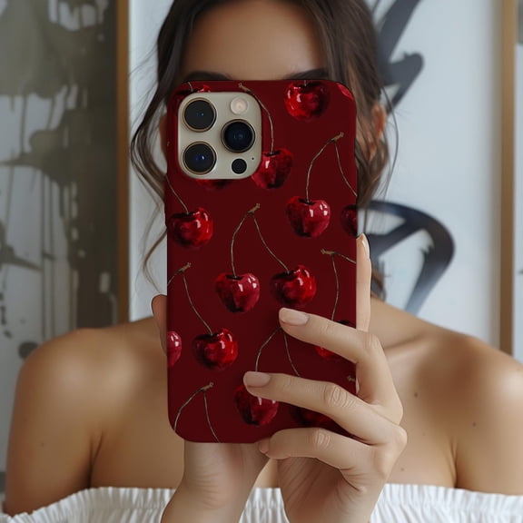 Protective iPhone Case Cherry Cherries Red Fruit Summer Orchard Pattern Grid Cover IP15 Magnetic MagSafe Compatible