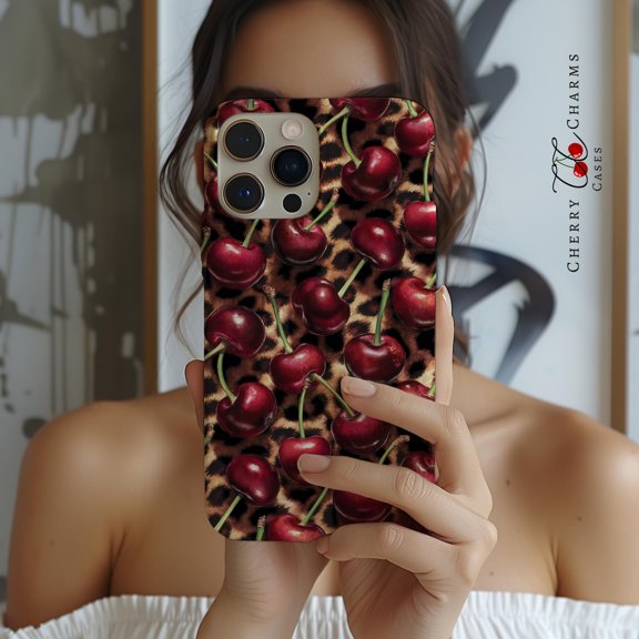 Protective iPhone Case Cherry Leopard Cell Phone Case Foodie Protective Cover Animal Print Food Cover IP15 Magnetic MagSafe Compatible