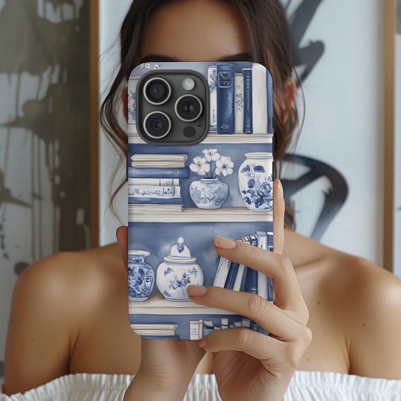 Protective iPhone Case Chinoiserie Book Phone Case Light Academia Blue White Design IP13/14 Magnetic MagSafe Compatible