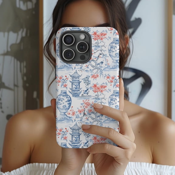 Protective iPhone Case Chinoiserie Toile Blue Floral Phone Case with Vintage Asian Style IP13/14 Magnetic MagSafe Compatible