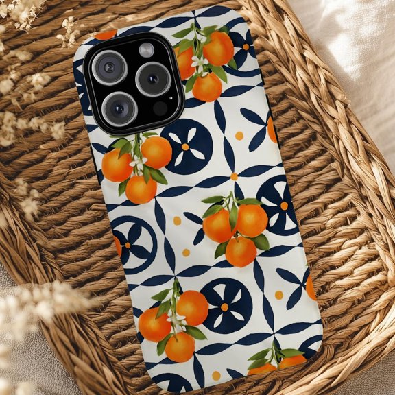 Protective iPhone Case Citrus Tile Pattern Phone Case Mediterranean Orange Fruit Aesthetic IP13 Pro Magnetic MagSafe Compatible