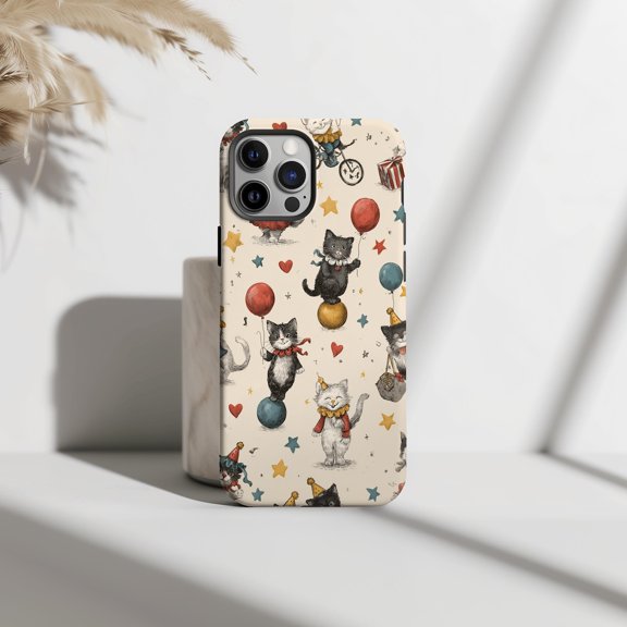 Protective iPhone Case Clown Cat Circus Playful Kitten Design Whimsical Jester Costume Cover IP15 Magnetic MagSafe Compatible