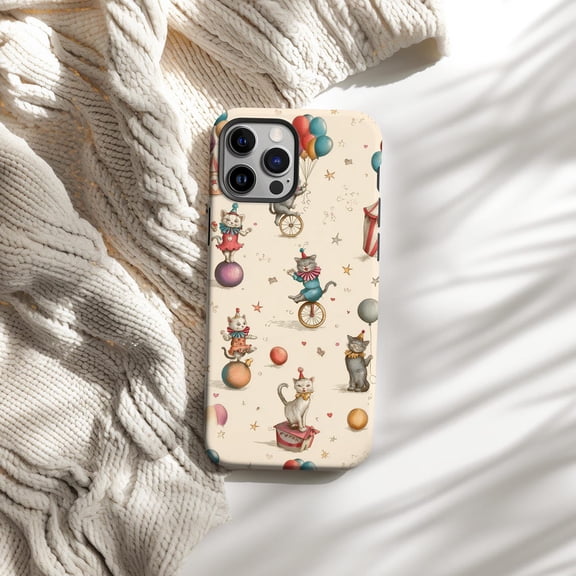 Protective iPhone Case Clown Cat Circus Playful Kitten Whimsical Cartoon Shield IP15 Magnetic MagSafe Compatible