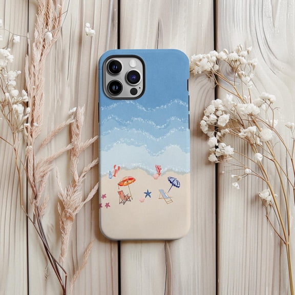 Protective iPhone Case Coastal Beach Protective Cell Phone Case Lobster Seass Umbrellas Cover IP15 Magnetic MagSafe Compatible