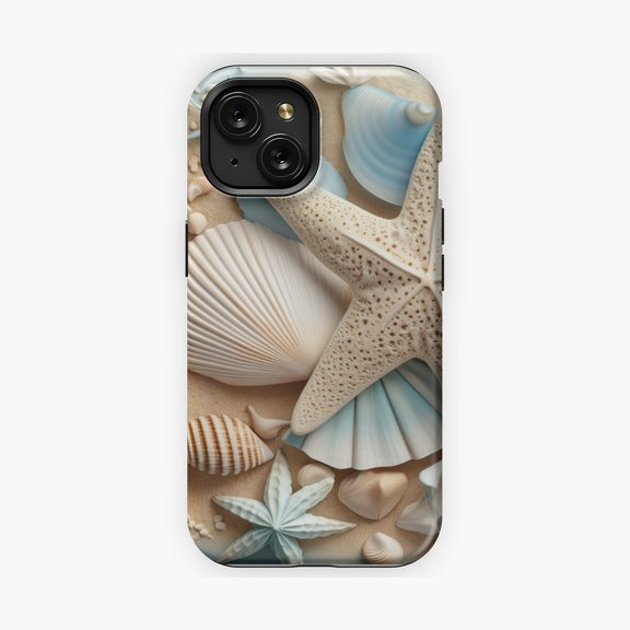Protective iPhone Case Coastal Blue Seashell Starfish Sand Phone Case IP13/14 Magnetic MagSafe Compatible