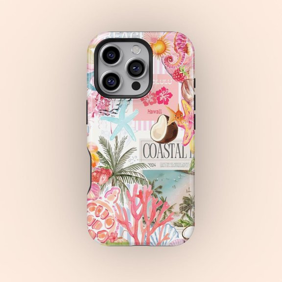Protective iPhone Case Coastal Coconut Hibiscus Collage Tropical Island Beach Travel Shield IP15 Magnetic MagSafe Compatible
