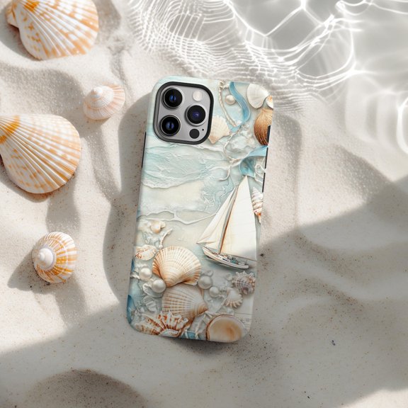 Protective iPhone Case Coastal Ship Ocean Sea Pastel Summer Art Nautical Scenery Cover IP13/14 Magnetic MagSafe Compatible