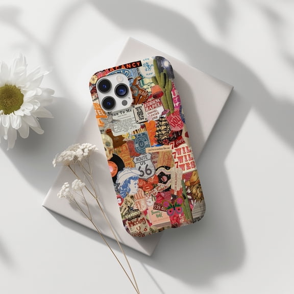 Protective iPhone Case Collage Phone Case Western Cactus Style IP15 Magnetic MagSafe Compatible