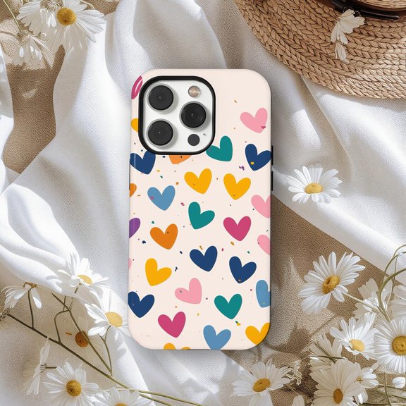 Protective iPhone Case Colorful Hearts Phone Case Cute Y2K Aesthetic Love Pattern Girly Case IP15 Magnetic MagSafe Compatible