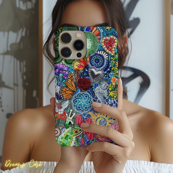 Protective iPhone Case Colorful Mosaic Phone Case Fun Trendy Festival Look IP15 Magnetic MagSafe Compatible