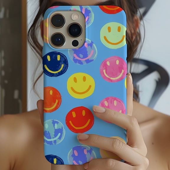 Protective iPhone Case Colorful Retro Smiley Face Collage Phone Case Fun Trendy Design IP15 Magnetic MagSafe Compatible