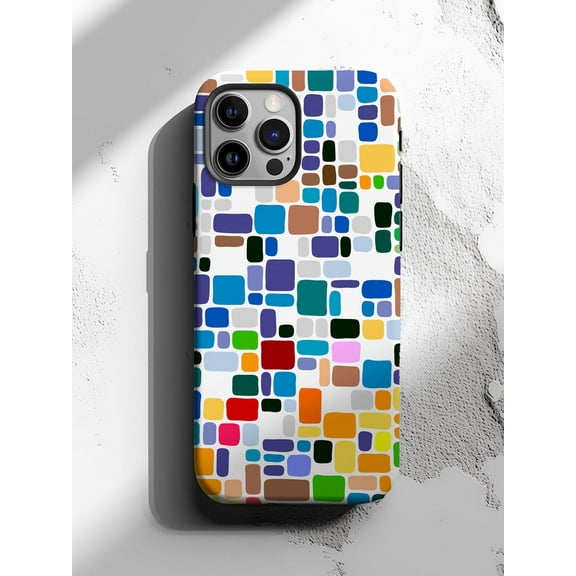 Protective iPhone Case Colorful Tile Phone Case Rainbow Squares Retro Pattern IP15 Magnetic MagSafe Compatible