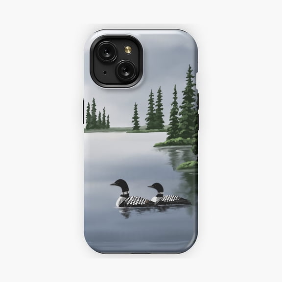 Protective iPhone Case Common Loon Cottage Lake Scenic Phone Case IP13/14 Magnetic MagSafe Compatible